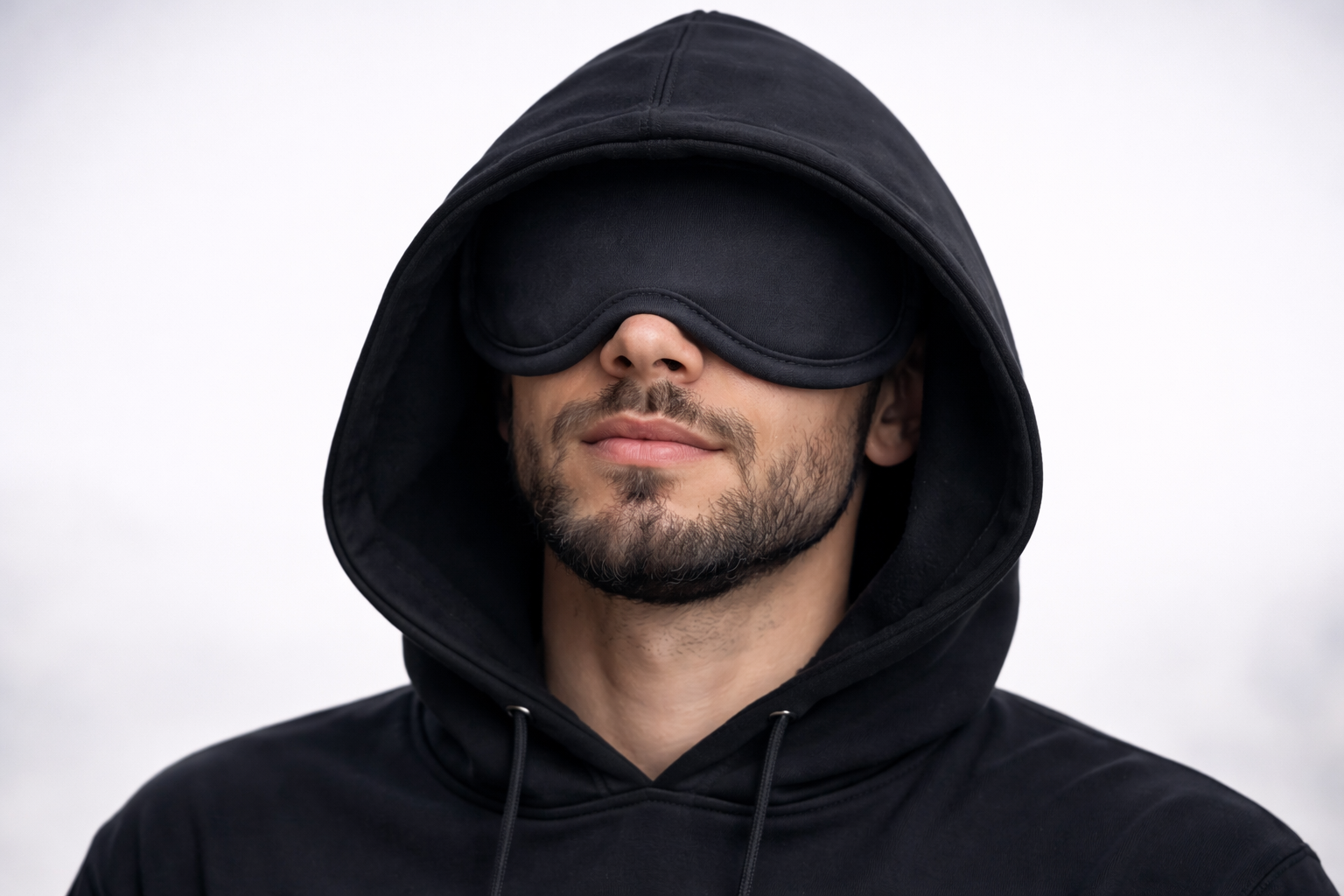 Man wearing a black SunCloud travel hoodie with built-in eye mask