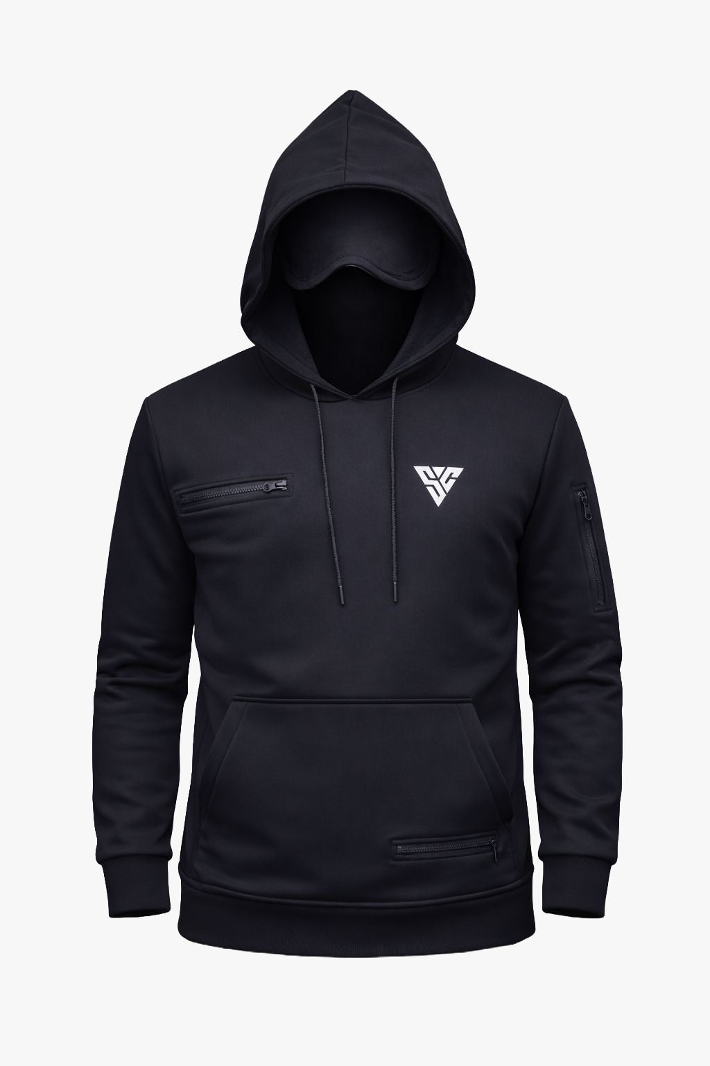 SunCloud black travel hoodie with built-in eye mask and hidden zip pockets