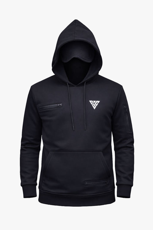 SunCloud black travel hoodie with built-in eye mask and hidden zip pockets