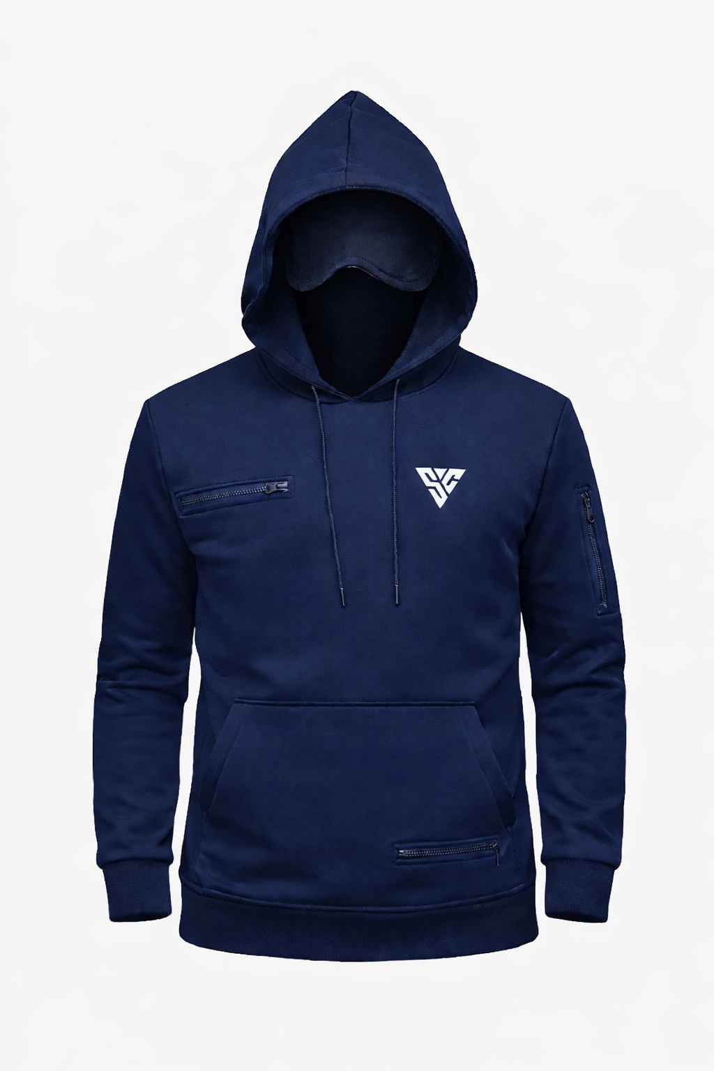 SunCloud navy travel hoodie with built-in eye mask and hidden zip pockets