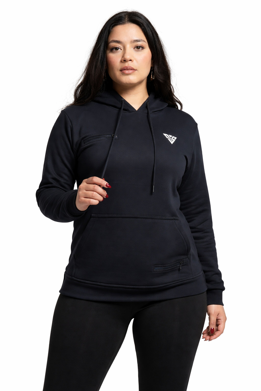 Woman wearing SunCloud black travel hoodie with hidden zip pockets